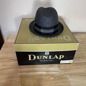 Dunlap Supreme Fedora Pavia 6 7/8 Black Gray Ribbon‎ Hat Straw Box Panama